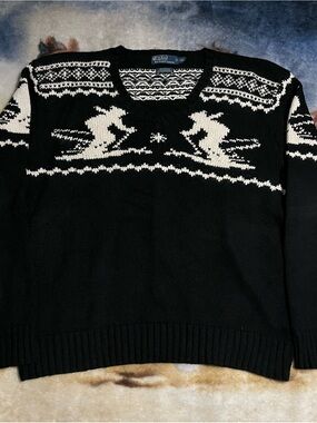 Vintage Polo Ralph Lauren Ski Skier Sweater! Black Cotton & Cashmere Mens 2XL